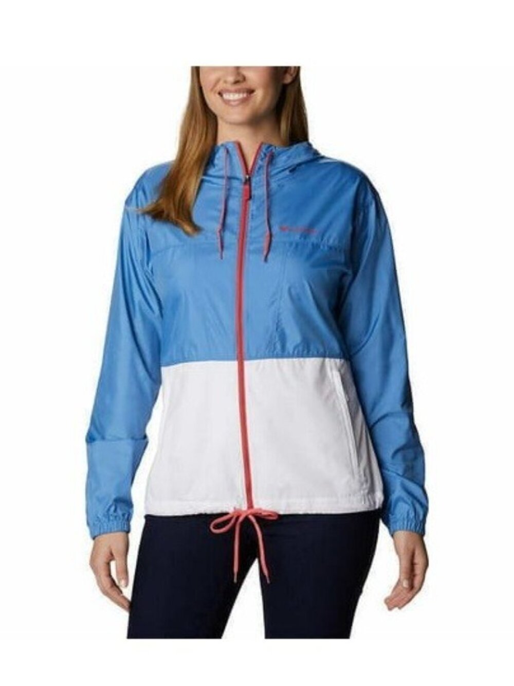 Columbia Blue White Lightweight Windbreaker Hooded Jacket Zip Womens Small